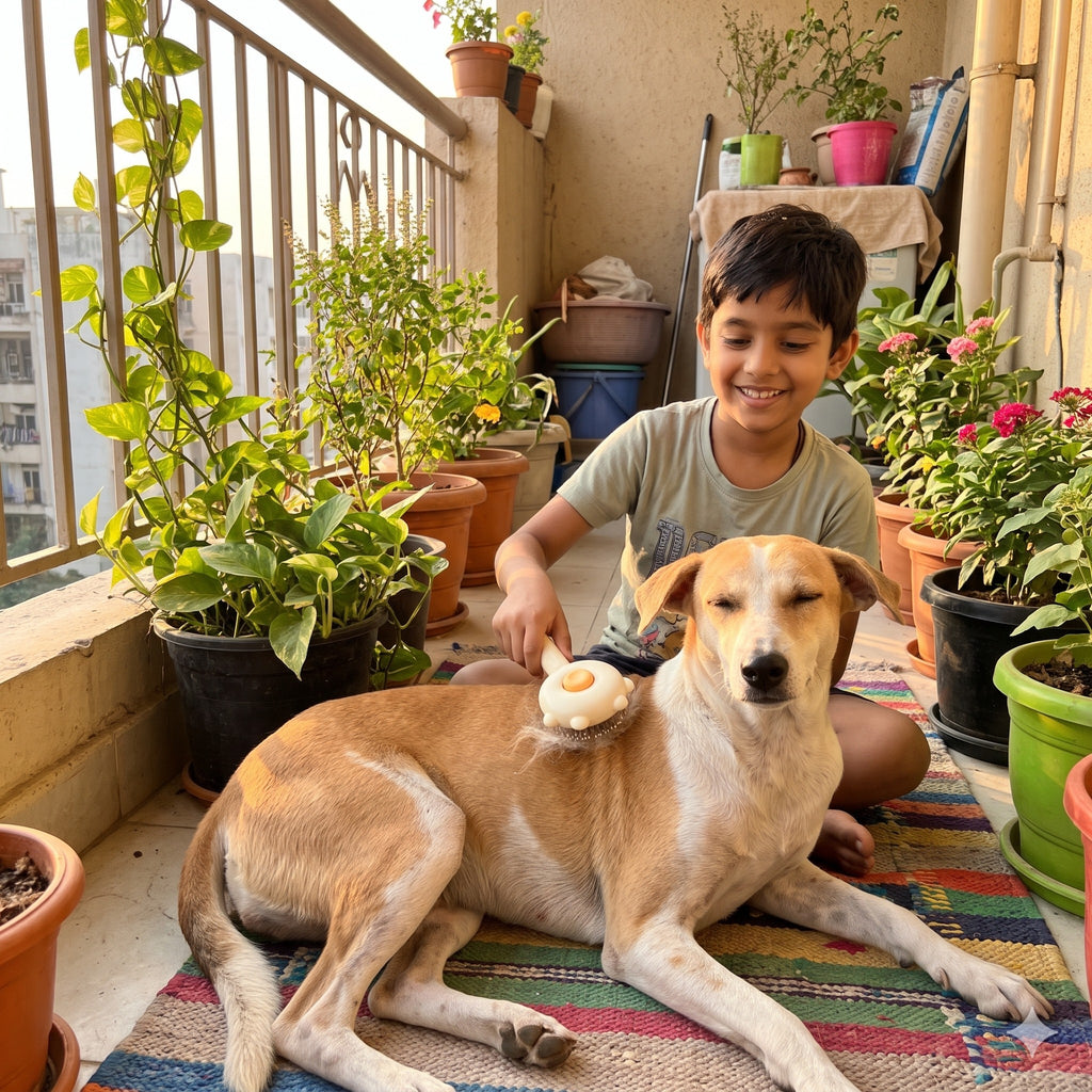Child brushing a relaxed Indie dog on the balcony