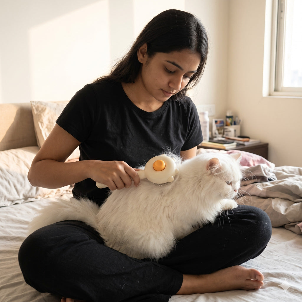 Brushing a white Persian cat on the bed
