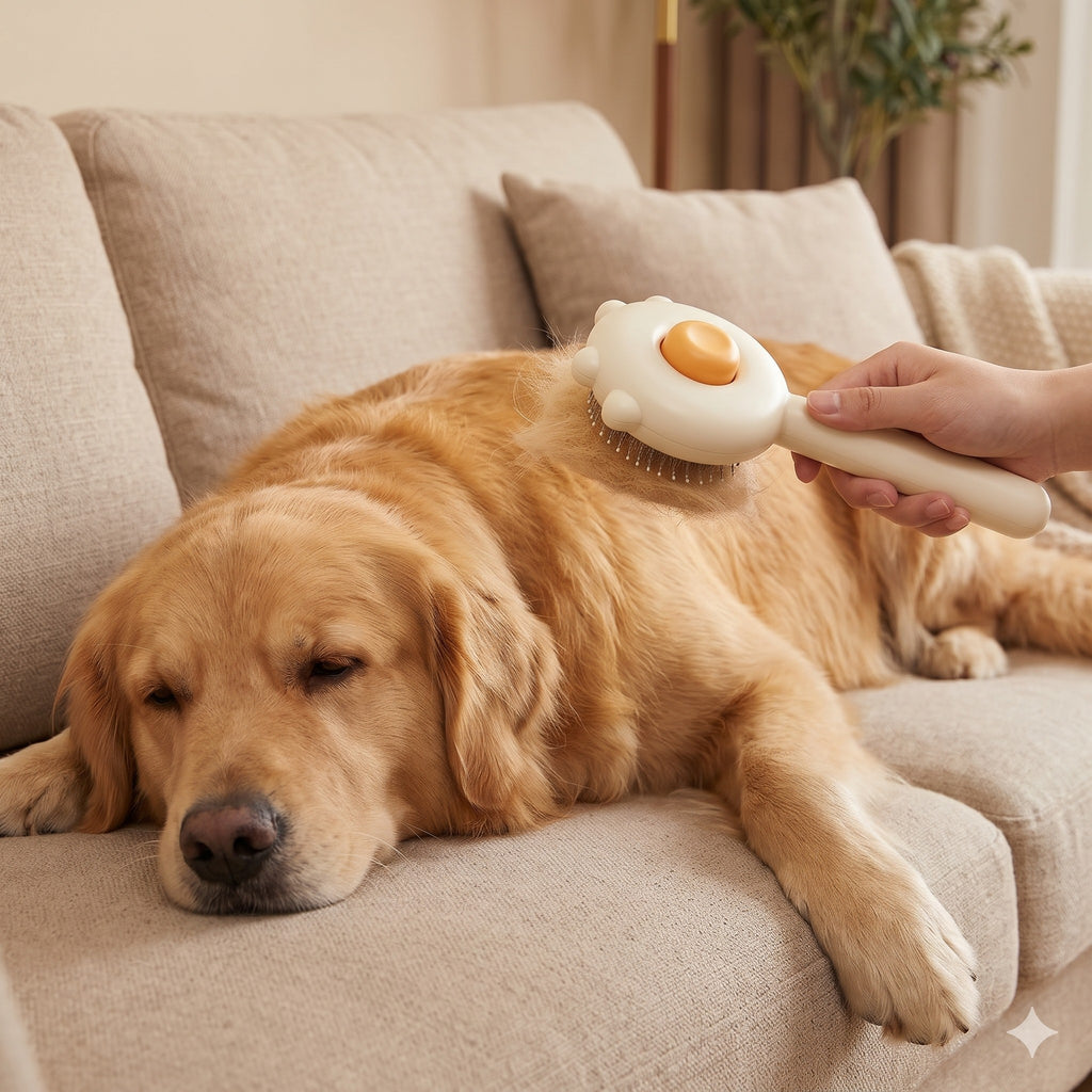 Golden retriever relaxing while being brushed with the FuzzleJoy brush on the sofa