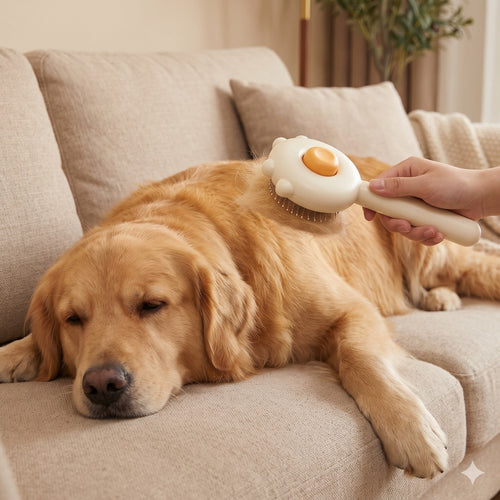 Golden retriever relaxing while being brushed with the FuzzleJoy brush on the sofa