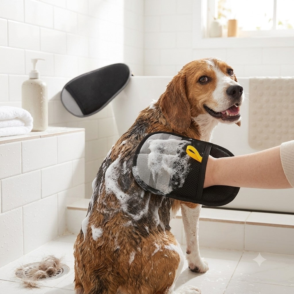 De-shedding glove used during a Beagle's bath