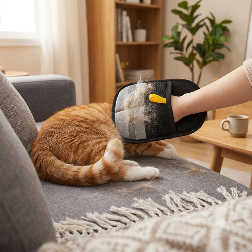De-shedding glove collecting loose fur from a cat on the sofa